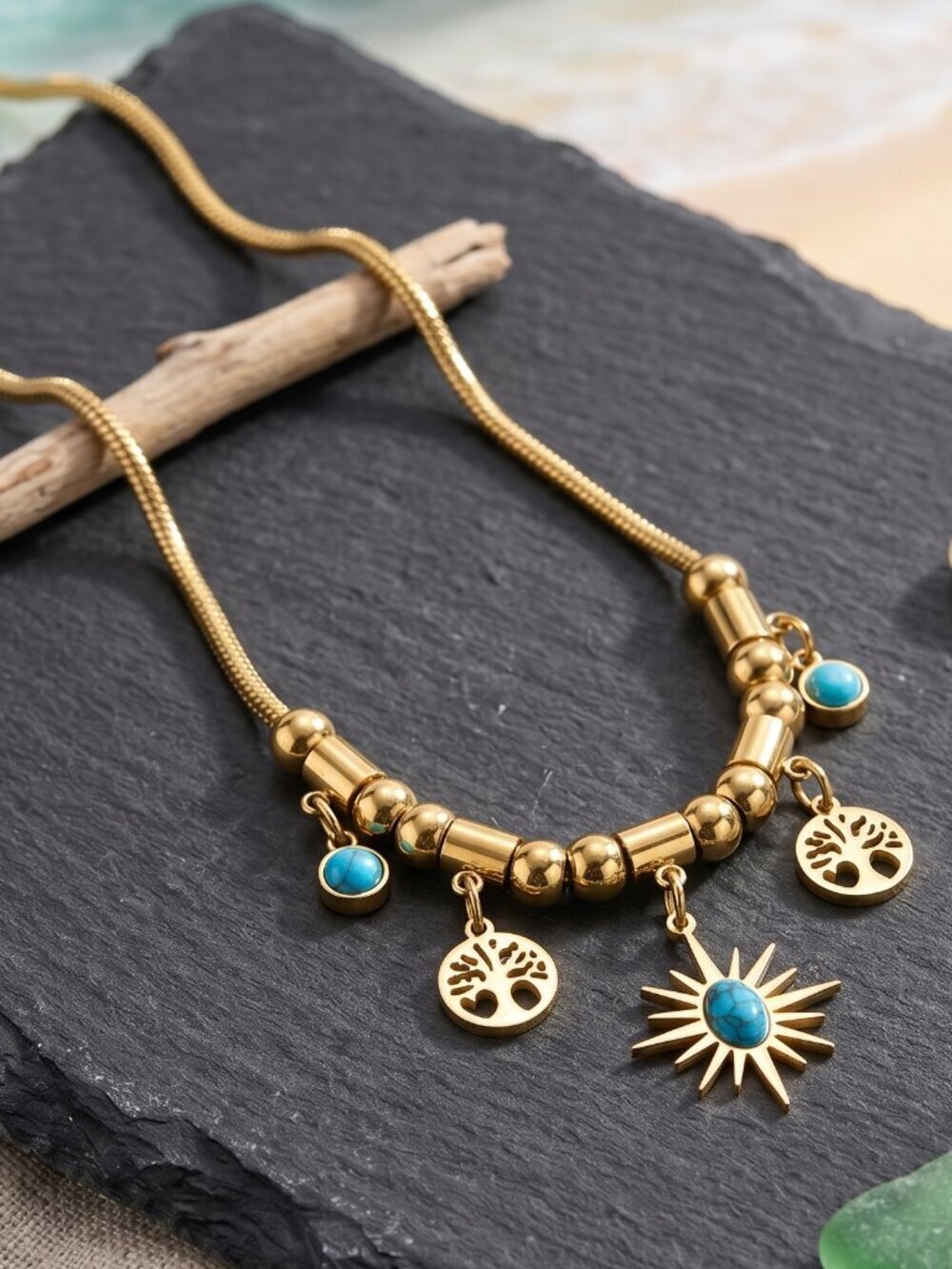 18k Gold Plated SS Tree of Life Sun Charm Turquoise Bead Necklace 15.5"